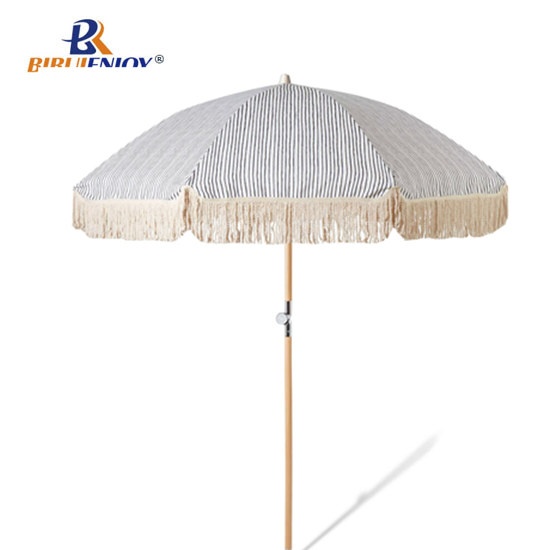 Premium beach umbrella wood pole cotton tassel/trim with bag