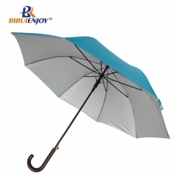 Promotional stick sun umbrella uv silver fabric imitated wood handle